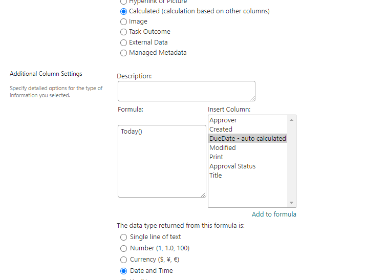 Current date in SharePoint calculated column